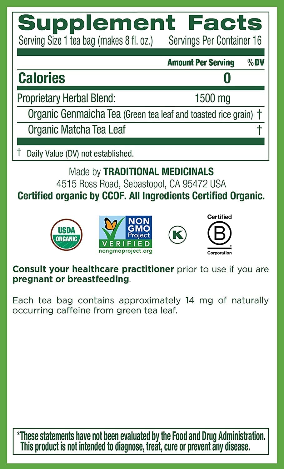 Traditional Medicinals Tea, Organic Green Tea Matcha, Genmaicha, Supports Health, 96 Tea Bags (6 Pack) - Nirvana Guru