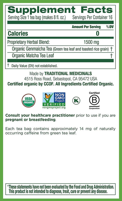 Traditional Medicinals Tea, Organic Green Tea Matcha, Genmaicha, Supports Health, 96 Tea Bags (6 Pack) - Nirvana Guru