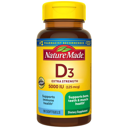 Nature Made Extra Strength Vitamin D3 5000 IU (125 mcg), Dietary Supplement for Bone, Teeth, Muscle and Immune Health Support, 180 Softgels, 180 Day Supply - Nirvana Guru