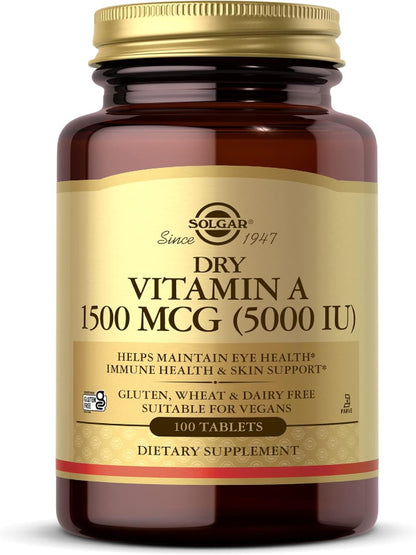 Solgar Dry Vitamin A 1500 mcg (5000 IU), 100 Tablets - Supports Healthy Eyes, Skin & Immune System - Non-GMO, Vegan, Gluten Free, Dairy Free, Kosher - 100 Servings Nirvana Guru