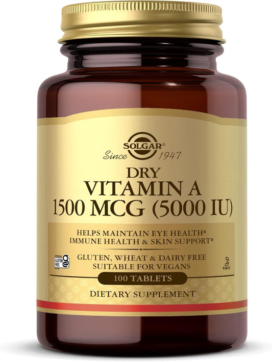 Solgar Dry Vitamin A 1500 mcg (5000 IU), 100 Tablets - Supports Healthy Eyes, Skin & Immune System - Non-GMO, Vegan, Gluten Free, Dairy Free, Kosher - 100 Servings Nirvana Guru