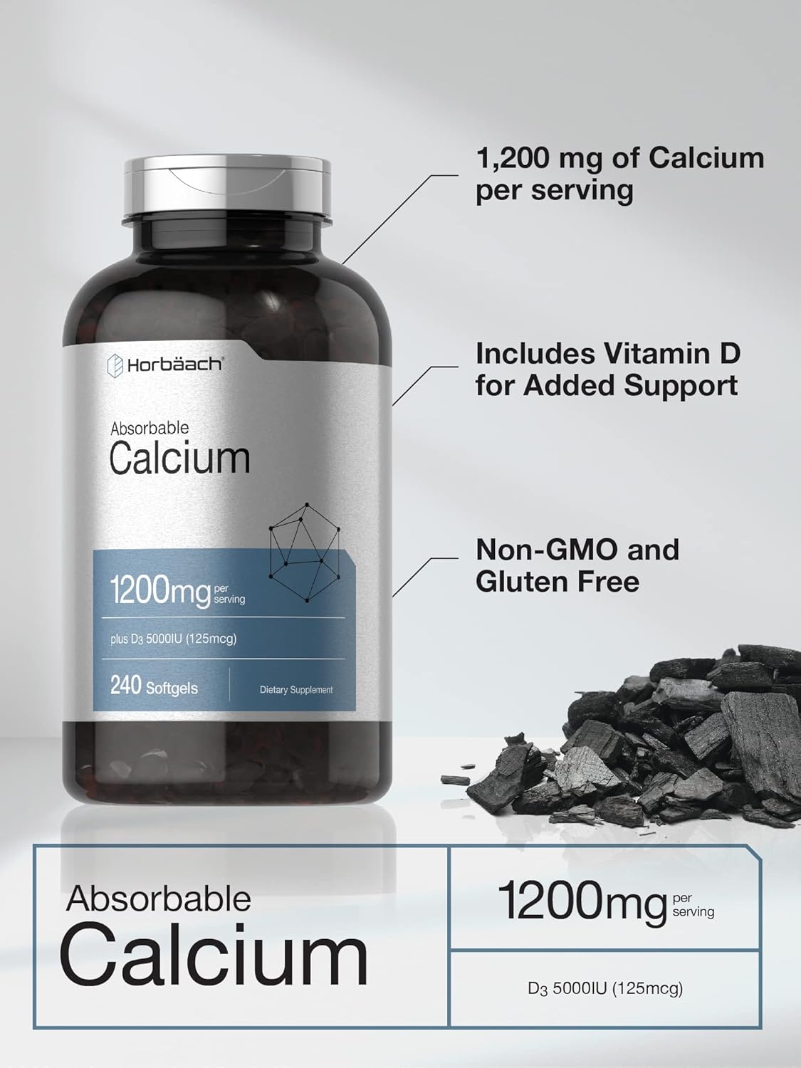Horbäach Calcium 1200 mg with Vitamin D3 | 240 Softgels | 5000 IU Vitamin D3 | Absorbable Calcium Supplement | Non-GMO, Gluten Free Calcium Supplement Nirvana Guru