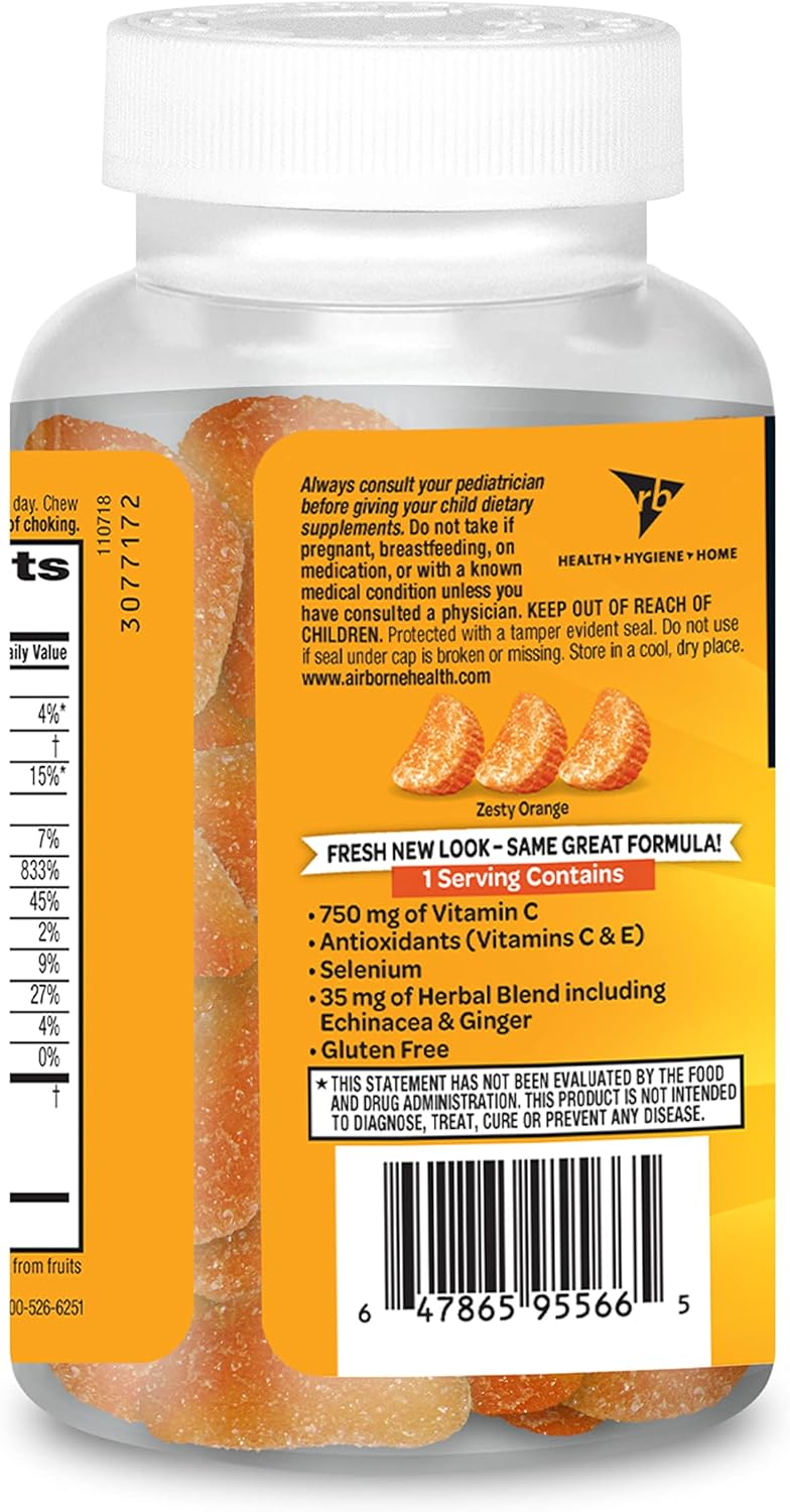 Airborne Vitamin C 750mg (per Serving) Zesty Orange Flavored Gummies (42 Count in a Bottle), Gluten-Free Immune Support Supplement with Vitamins A C E, Selenium, Echinacea, Ginger, Antioxidant Nirvana Guru
