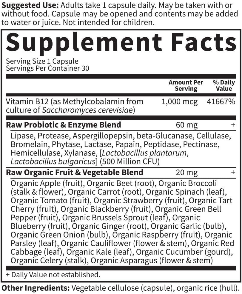 Garden of Life B12 - Vitamin Code Raw B-12 - 30 Capsules, 1,000mcg Whole Food B12 Methylcobalamin for Energy, Vegan Methylcobalamin B12 Vitamin plus Probiotics & Enzymes, Gluten Free Supplements - Nirvana Guru