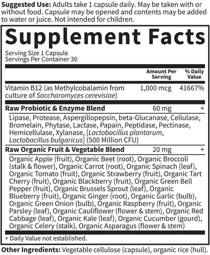 Garden of Life B12 - Vitamin Code Raw B-12 - 30 Capsules, 1,000mcg Whole Food B12 Methylcobalamin for Energy, Vegan Methylcobalamin B12 Vitamin plus Probiotics & Enzymes, Gluten Free Supplements - Nirvana Guru