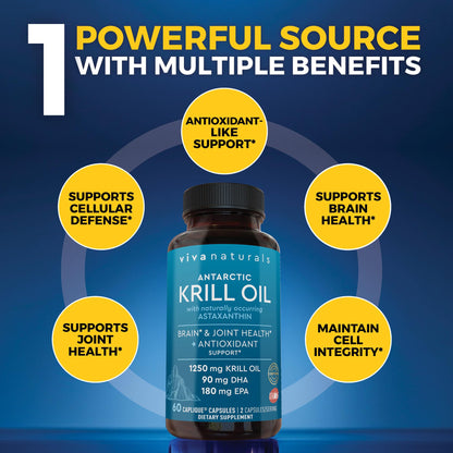 Viva Naturals Antarctic Krill Oil Omega 3 Supplements 1250 mg - DHA EPA Omega-3 & Astaxanthin Concentration for Joint Health, No Fish Burp - 60 Omega 3 Krill Oil Capsules - Nirvana Guru