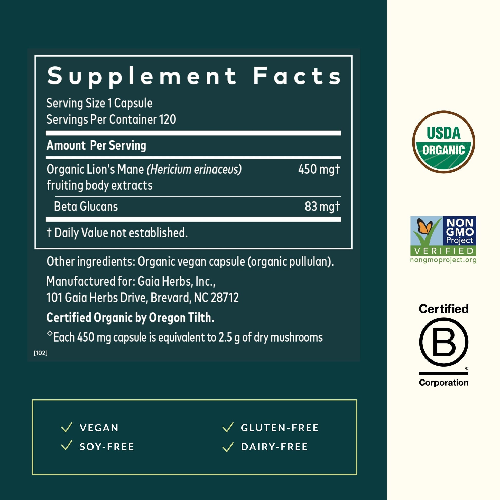 Gaia Herbs Lion’s Mane Mushroom - Brain & Nerve Health Support - 40 Vegan Capsules - Nirvana Guru