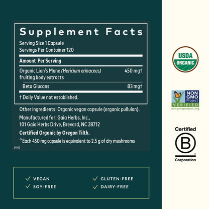 Gaia Herbs Lion’s Mane Mushroom - Brain & Nerve Health Support - 40 Vegan Capsules - Nirvana Guru