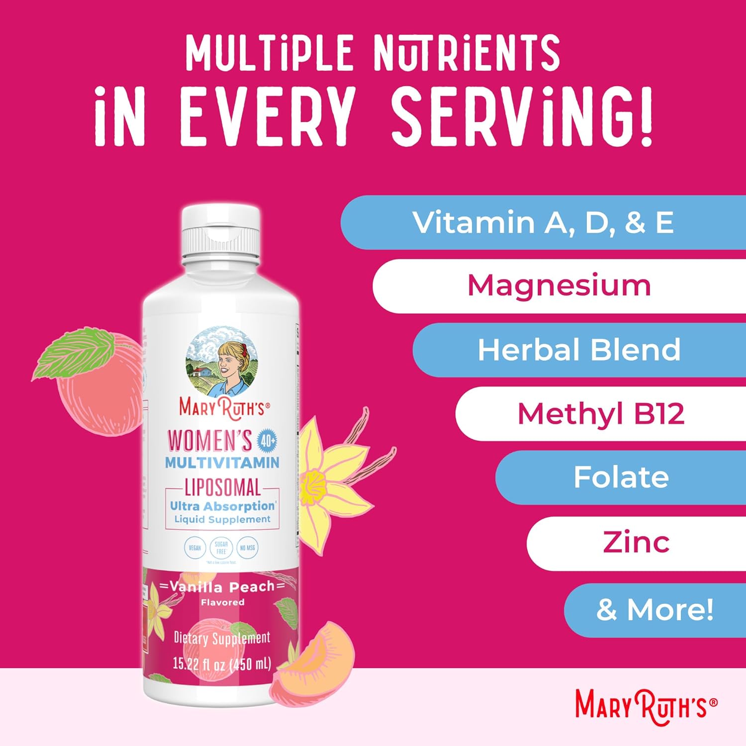 MaryRuth Organics Multivitamin for Women 40+, Womens Multivitamin Liposomal, Immune Support Supplement, Energy Supplements & Sleep Aid, Vegan, Sugar Free, Non-GMO, 15.22 Fl Oz - Nirvana Guru