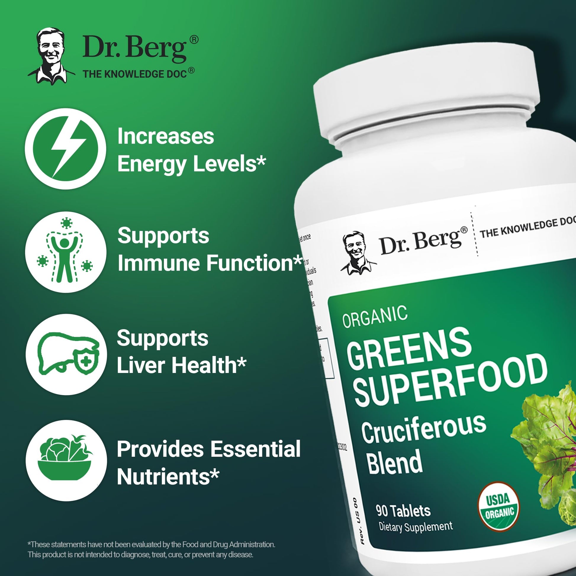 Dr. Berg's Greens Superfood Cruciferous Vegetable Tablets - Vegetable Supplements for Adults w/ 11 Phytonutrient Super Greens Tablets - Energy, Immune System & Liver Veggie Tablets - 90 Tablets - Nirvana Guru