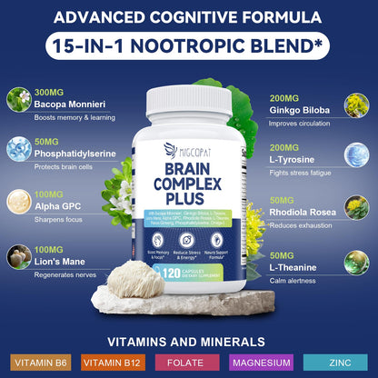 Brain Supplements for Memory & Focus - Nootropic with Bacopa Monnieri, Lion's Mane, Alpha GPC, Phosphatidylserine | Supports Mental Clarity & Cognitive Function | Vitamin B6 & B12-120 Capsules - Nirvana Guru