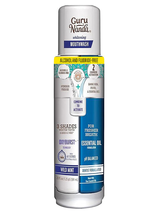 GuruNanda Teeth Whitening Dual Barrel Oxyburst Mouthwash - Alcohol & Fluoride Free, Hydrogen Peroxide to Promote Whiter Teeth - Wild Mint - 20 Fl Oz Nirvana Guru