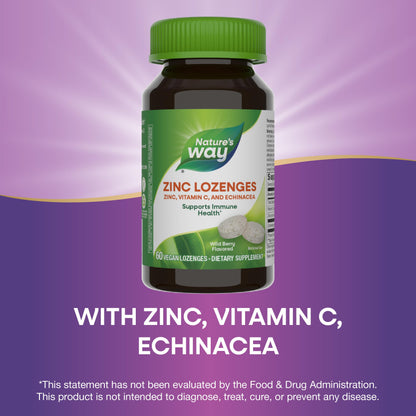 Nature's Way Zinc Lozenges with Vitamin C & Echinacea, Immune Support*, 23 mg of Zinc & 100 mg of Vitamin C per Serving, Wild Berry Flavored, 60 Lozenges (Packaging May Vary) - Nirvana Guru