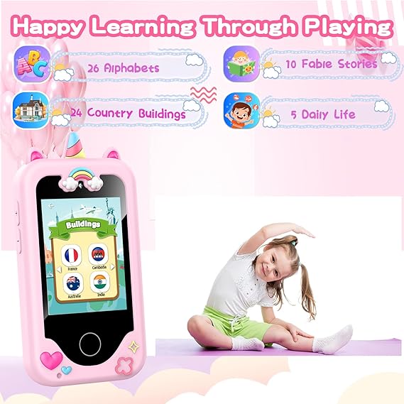 Kids Smart Phone with Dual Camera, Game & Music Player, Toddler Learning Play Toy Cell Phone, Gifts for Girls, Christmas, Birthday, Age 3-10, Light Pink Nirvana Guru