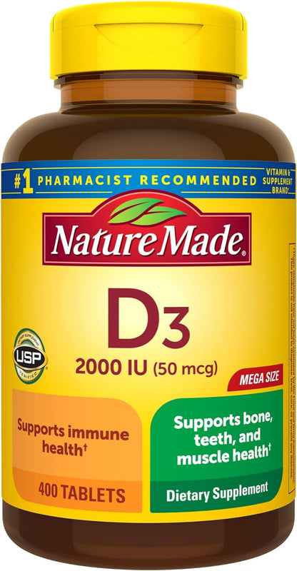 Nature Made Vitamin D3 2000 IU (50 mcg), Dietary Supplement for Bone, Teeth, Muscle and Immune Health Support, 400 Tablets, 400 Day Supply - Nirvana Guru