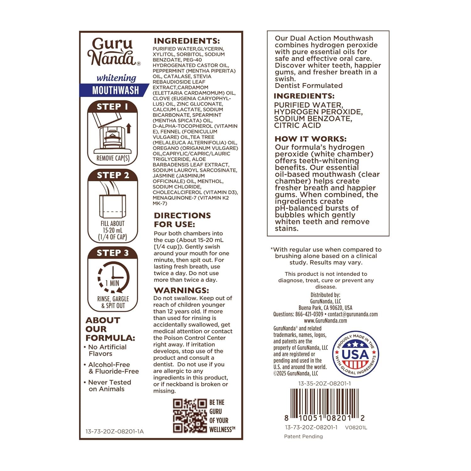 GuruNanda Teeth Whitening Dual Barrel Oxyburst Mouthwash - Alcohol & Fluoride Free, Hydrogen Peroxide to Promote Whiter Teeth - Wild Mint - 20 Fl Oz Nirvana Guru
