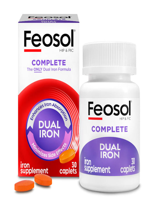 Feosol Complete Iron Supplement Caplets, Bifera Iron for High Absorption, Heme and Non-Heme Dual Action Minimizes Side Effects, 1 Per Day, for Energy and Immune System Support, Made in USA, 30 Count Nirvana Guru