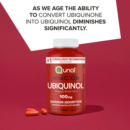 Qunol Mega Ubiquinol 100mg CoQ10, Superior Absorption, Patented Water and Fat Soluble Natural Supplement Form of Coenzyme Q10, Antioxidant for Heart Health, 100 Count Softgels Nirvana Guru