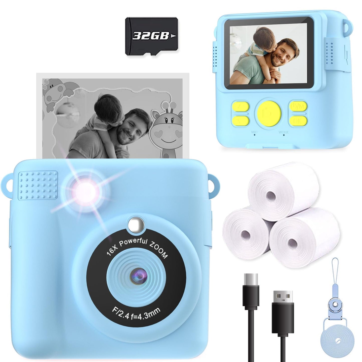 Kids Camera Instant Print, Christmas Birthday Gifts for Kids Age 3-12, Selfie Digital Camera with 1080P Videos,Toddler Portable Travel Cameras Toy for 4 5 6 7 8 9 Year Old Boys Girls-Blue Nirvana Guru