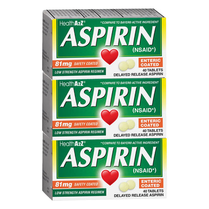 HealthA2Z® Aspirin 81 mg | Low Strength | Enteric Coated | Pain Relief | Reduces Minor Aches Muscle Pain & Cramps | Fever Reducer | Reduces Headache (365 Counts)