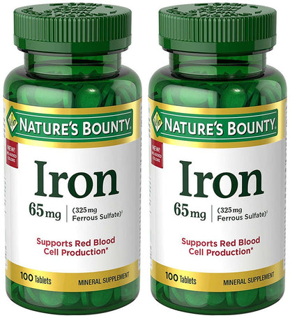 Nature's Bounty Iron 65mg, 325 mg Ferrous Sulfate, Cellular Energy Support, Promotes Normal Red Blood Cell Production, 100 Tablets Nirvana Guru