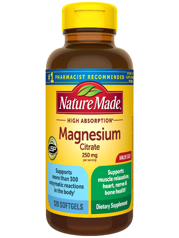 Nature Made Magnesium Citrate 250 mg per serving, Magnesium Supplement for Muscle, Nerve, Bone and Heart Support, 120 Softgels, 60 Day Supply - Nirvana Guru