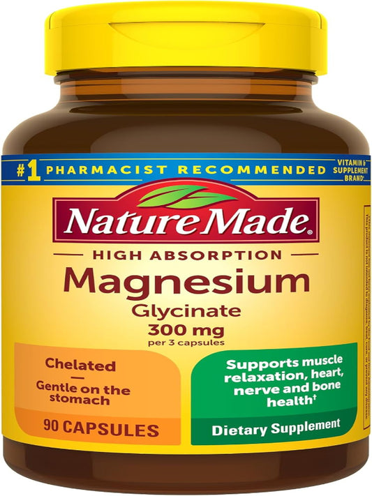 Nature Made High Absorption Magnesium Glycinate 300mg per 3 Capsules, Magnesium Supplement for Muscle, Heart, Nerve and Bone Support, 90 Magnesium Bisglycinate Capsules, 30 Day Supply - Nirvana Guru