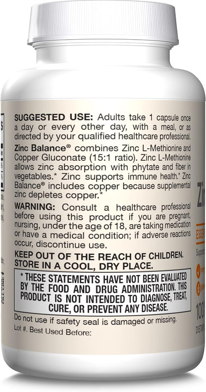 Jarrow Formulas Zinc Balance 15 mg - 100 Servings (Veggie Caps) - Includes Copper - Essential Mineral for Immune System Support - Immune Support Supplement - Gluten Free Zinc Copper Supplement - Vegan - Nirvana Guru
