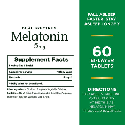 Nature's Bounty Melatonin 5mg Dual Spectrum, 100% Drug Free Sleep Supplement, Quick Release and Extended Release, Promotes Relaxation and Sleep Health, 60 Bi-Layer Tablets Nirvana Guru