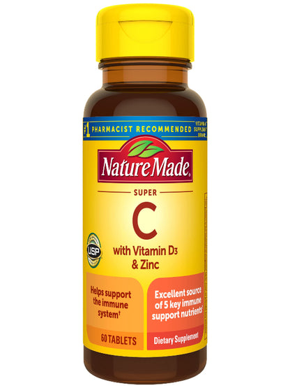 Nature Made Super C with Vitamin D3 and Zinc, Dietary Supplement for Immune Support, 60 Tablets, 60 Day Supply - Nirvana Guru