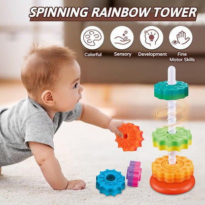 Baby Spinning Stacking Toys for Toddlers 1-3, Rainbow Ring Stacker Montessori Toys for Babies 6-12 Months, 1 2 3 One Year Old Girl Boy Christmas Birthday Gifts, Autism Sensory Learning Toy nirvanaguru