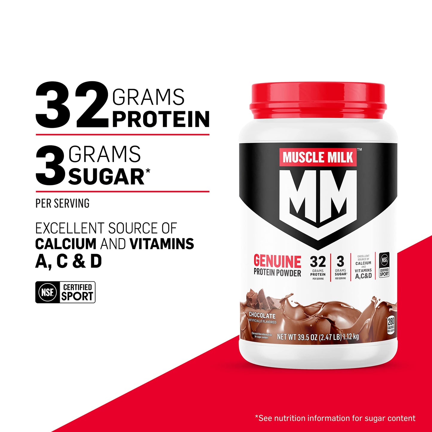 Muscle Milk Genuine Protein Powder, Chocolate, 1.93 Pounds, 13 Servings, 32g Protein, 2g Sugar, Calcium, Vitamins A, C & D, NSF Certified for Sport, Energizing Snack, Packaging May Vary Nirvana Guru