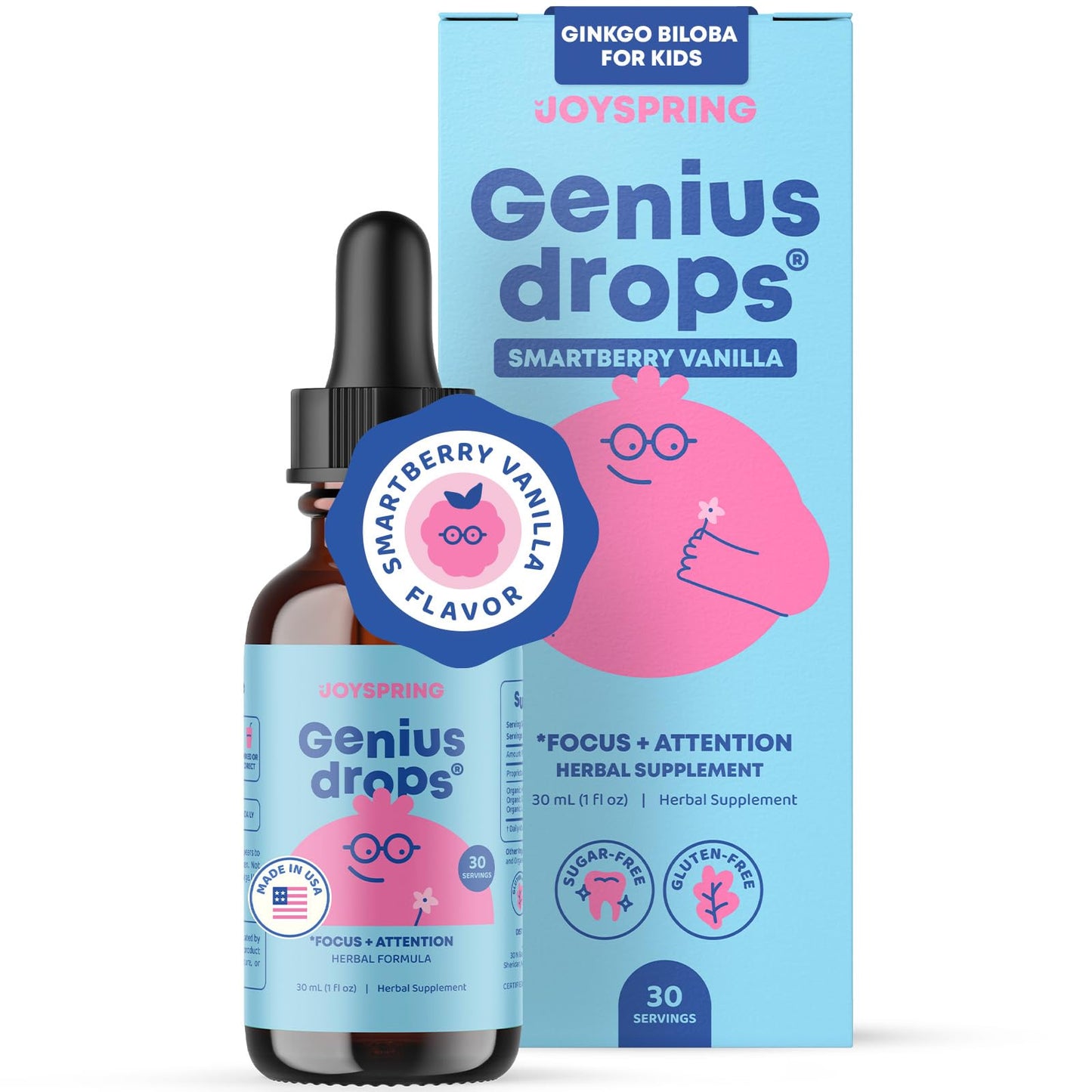 JoySpring Genius Drops for Kids | Clinically Proven Focus Supplement | Liquid Herbal Focus Supplement with Ginkgo Biloba for Kids (1 fl oz) 30 Servings Nirvana Guru
