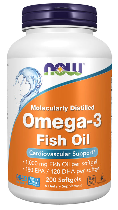 NOW Foods Supplements, Omega-3 180 EPA / 120 DHA, Molecularly Distilled, Cardiovascular Support*, 200 Softgels - Nirvana Guru