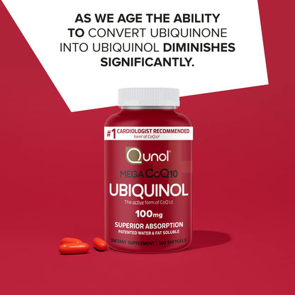 Qunol Mega Ubiquinol 100mg CoQ10, Superior Absorption, Patented Water and Fat Soluble Natural Supplement Form of Coenzyme Q10, Antioxidant for Heart Health, 100 Count Softgels Nirvana Guru