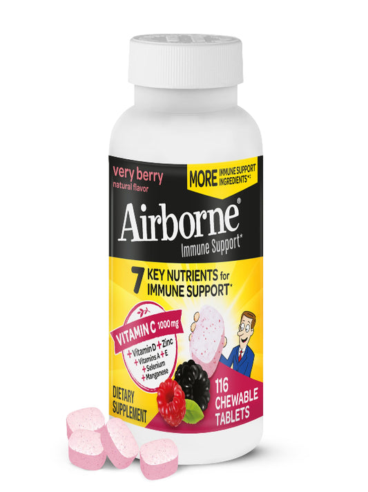 Airborne Vitamin C 1000mg (per Serving) - Citrus Chewable Tablets (116 Count in a Bottle), Gluten-Free Immune Support Supplement, with Vitamins A C E, Zinc, Selenium, Echinacea, Ginger, Antioxidants Nirvana Guru