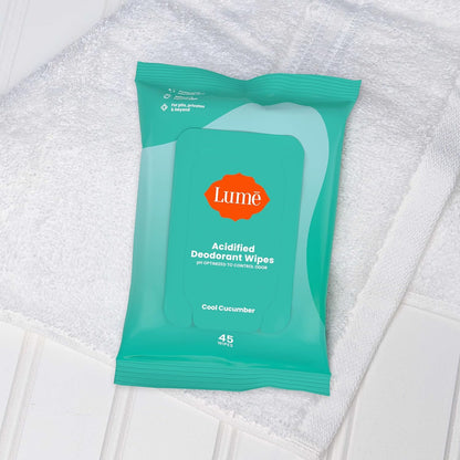 Lume Acidified Deodorant Wipes - 24 Hour Odor Control - Aluminum Free, Baking Soda Free, Skin Loving - 15 Count (Pack of 3) (Cool Cucumber) Nirvana Guru