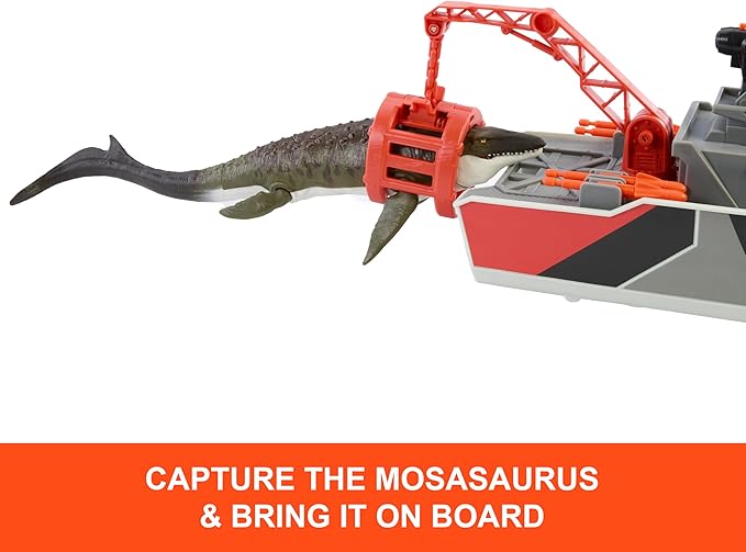 Mattel Matchbox Toy Car Playset, Jurassic World 12.5” Dino Boat with 13” Mosasaurus Dinosaur, 1:64 Die-Cast Jeep, Harpoon Missiles & Detachable Rescue Boat Nirvana Guru