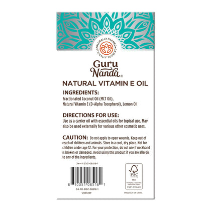 GuruNanda Vitamin E Oil, 2 Fl Oz Pure & Natural, 15,000 IU per Bottle, for Skin, Hair, Face, Nails & Scars, With Coconut Oil to Help Nourish & Moisture, Non-GMO & Vegan Nirvana Guru