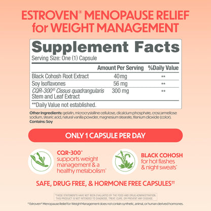 Estroven Weight Management for Menopause Relief - 30 Ct. - Clinically Proven Ingredients Help Manage Weight, Provide Night Sweats & Hot Flash Relief - Drug-Free & Gluten-Free Caplets
