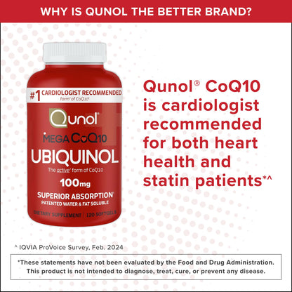 Qunol Mega Ubiquinol 100mg CoQ10, Superior Absorption, Patented Water and Fat Soluble Natural Supplement Form of Coenzyme Q10, Antioxidant for Heart Health, 100 Count Softgels Nirvana Guru