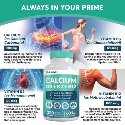 4-in-1 Calcium 1200mg with Vitamin D3 - Calcium Supplement for Women and Men with Vitamin K2 B12 5000 IU - Extra Strength Calcium Citrate for Bone and Heart Support (120ct) Nirvana Guru