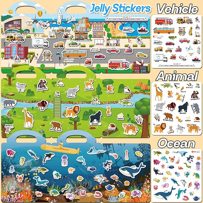 6 Sets Reusable Sticker Books for Toddlers 1-3, Jelly Sticker Books for Toddlers 2-4 Years, Toddler Travel Toys for Kids 2 3 4 Year Old Girls Boys nirvanaguru