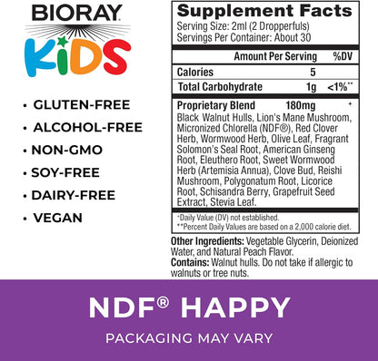 BIORAY Kids NDF Happy, Peach - 2 fl oz - Removes Unwanted Organisms That Can Trigger Irritability - 1-2 Month Supply Nirvana Guru