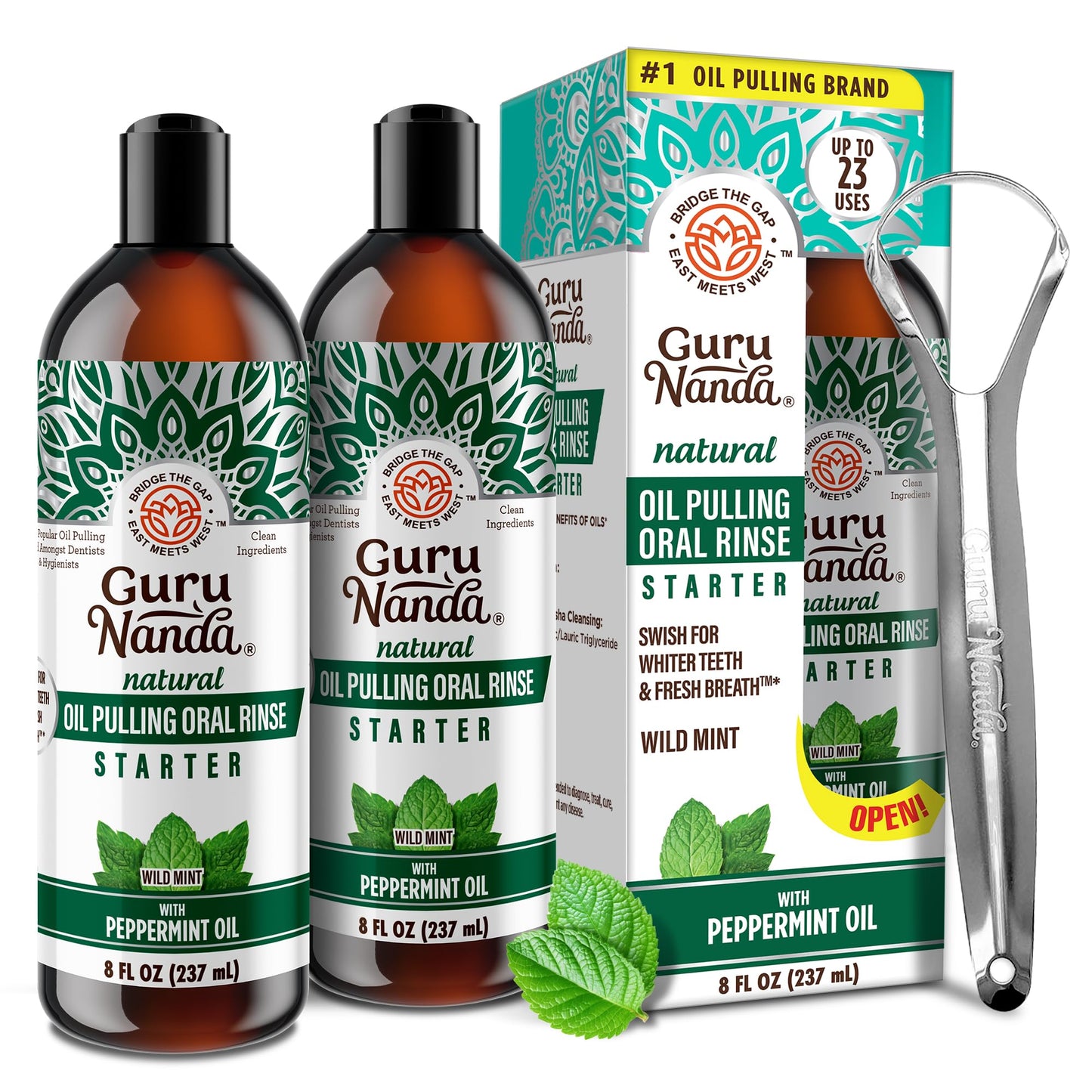 GuruNanda Starter Pulling Oil Mouthwash for Natural Teeth Whitening, Coconut and Peppermint Oil for Fresh Breath & Happy Gums, Alcohol-Free, 8 Oz Nirvana Guru