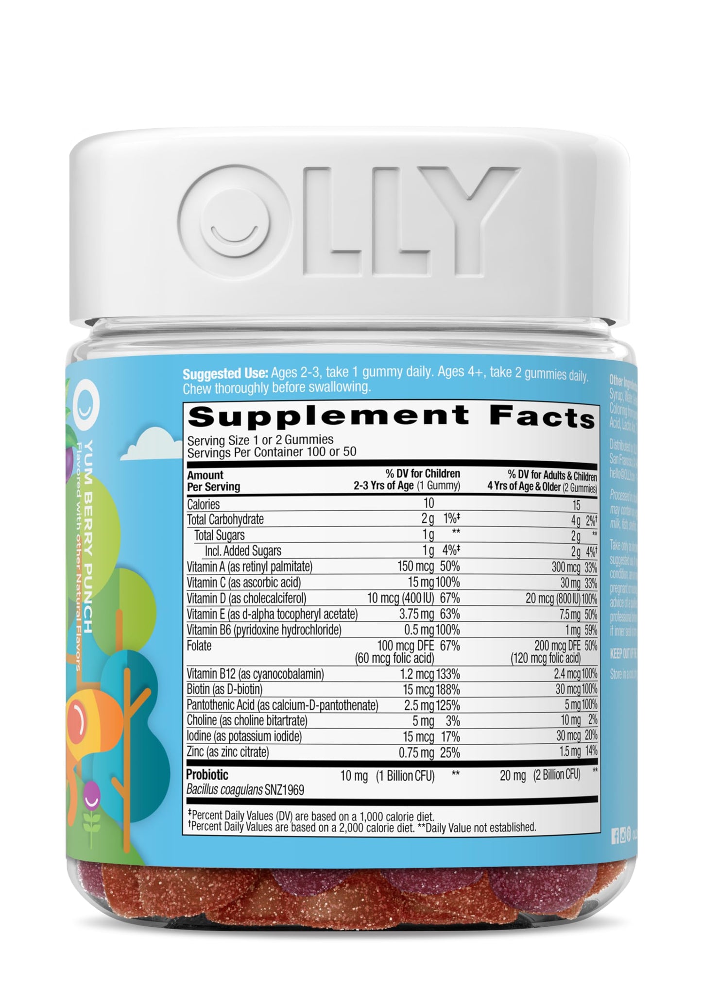 OLLY Kids Multivitamin & Probiotic Gummy, Digestive Support, Vitamins A, D, C, E, B, Zinc, Chewable Supplement, Berry Flavor, 50 day supply - 100 Count Nirvana Guru