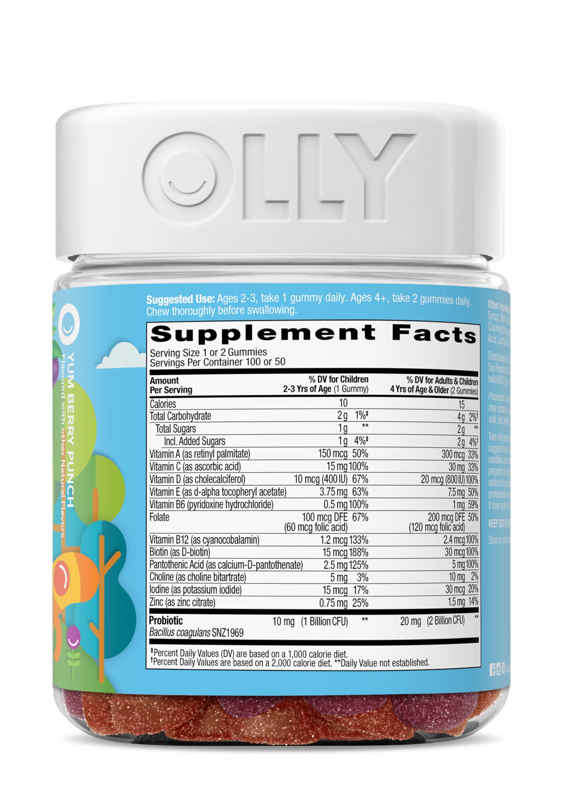 OLLY Kids Multivitamin & Probiotic Gummy, Digestive Support, Vitamins A, D, C, E, B, Zinc, Chewable Supplement, Berry Flavor, 50 day supply - 100 Count Nirvana Guru