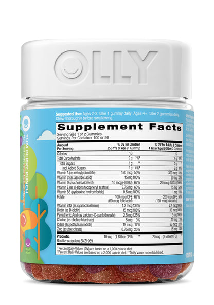 OLLY Kids Multivitamin & Probiotic Gummy, Digestive Support, Vitamins A, D, C, E, B, Zinc, Chewable Supplement, Berry Flavor, 50 day supply - 100 Count Nirvana Guru