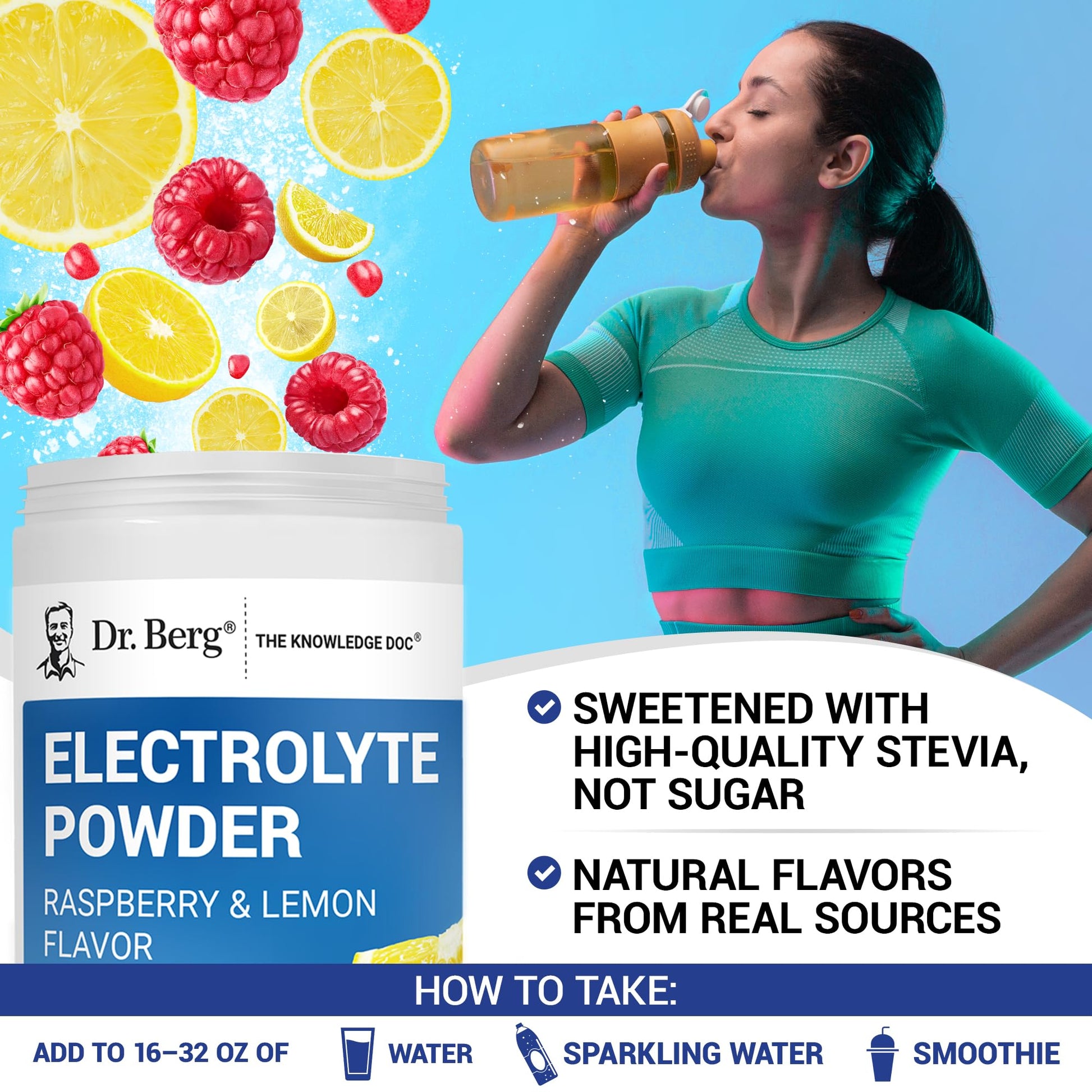 Dr. Berg Zero Sugar Hydration Keto Electrolyte Powder - Enhanced w/ 1000 mg of Potassium & Real Pink Himalayan Salt (NOT Table Salt) - Raspberry & Lemon Flavor Hydration Drink Supplement, 100 Servings - Nirvana Guru