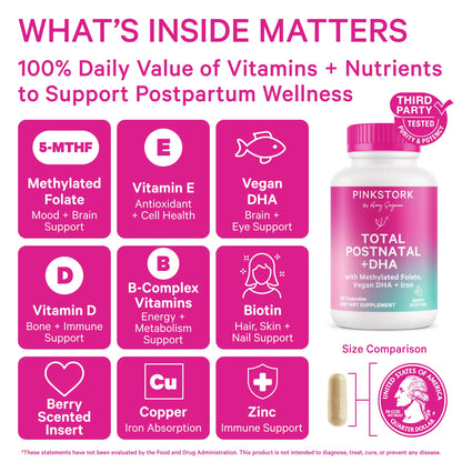 Pink Stork Total Postnatal Vitamins for Women with Vegan DHA, Iron, Folate, and Vitamin B12, Postpartum Recovery Essentials, Daily Supplement for Breastfeeding Moms - 1 Month Supply Nirvana Guru